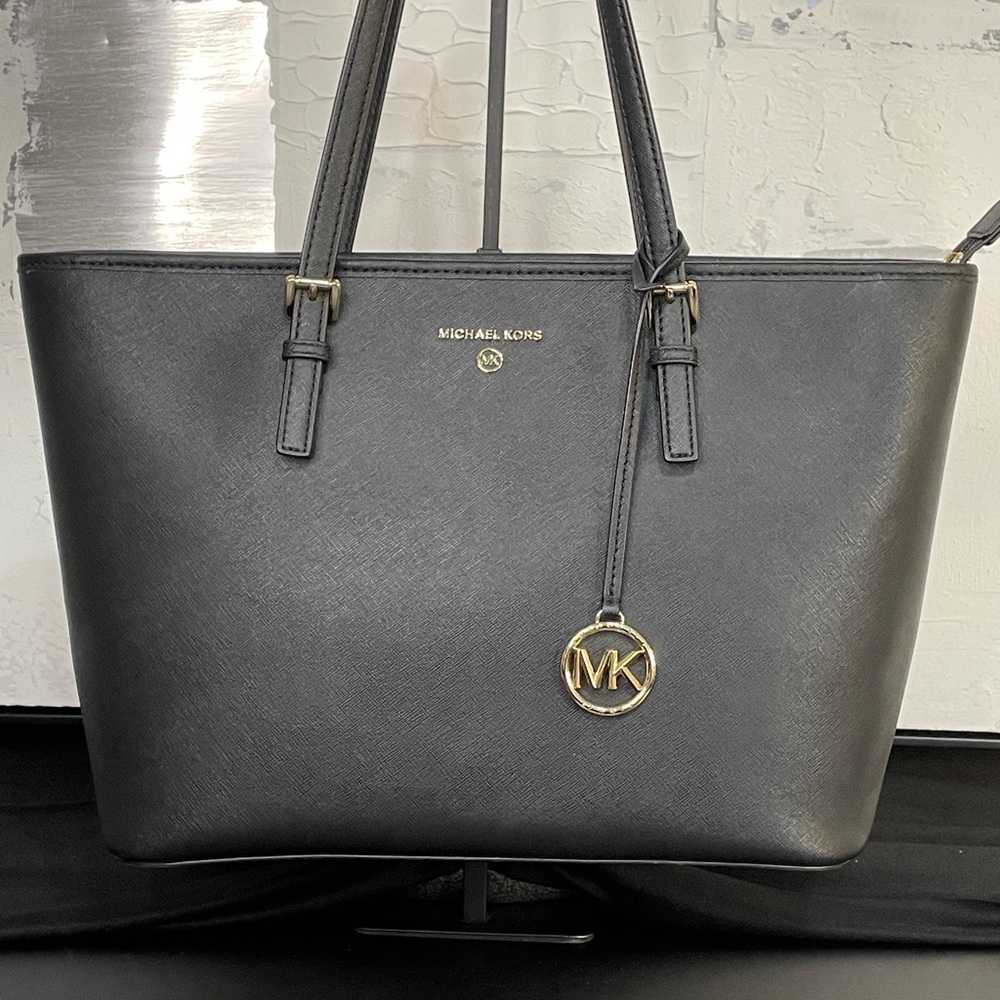 Michael Kors Large Jet Set Saffiano Black Leather  W/ Gold Hardware Travel Tote
